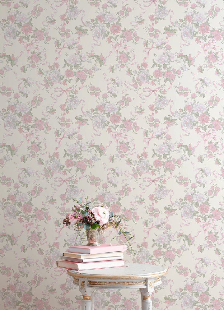 Cabbage Rose Bow Pretty in Pink Ribbons & Roses Wallpaper by A-Street Prints Designer