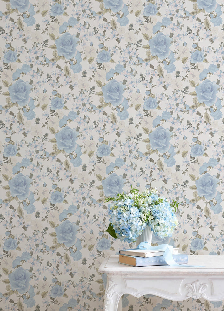 Sunset Harbor Rose Bella Lina Blue Roses & White Flowers Wallpaper by A-Street Prints Designer