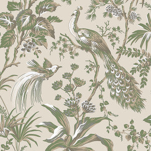 Anna French Wallpaper Peacock Toile Green on Natural AT57832
