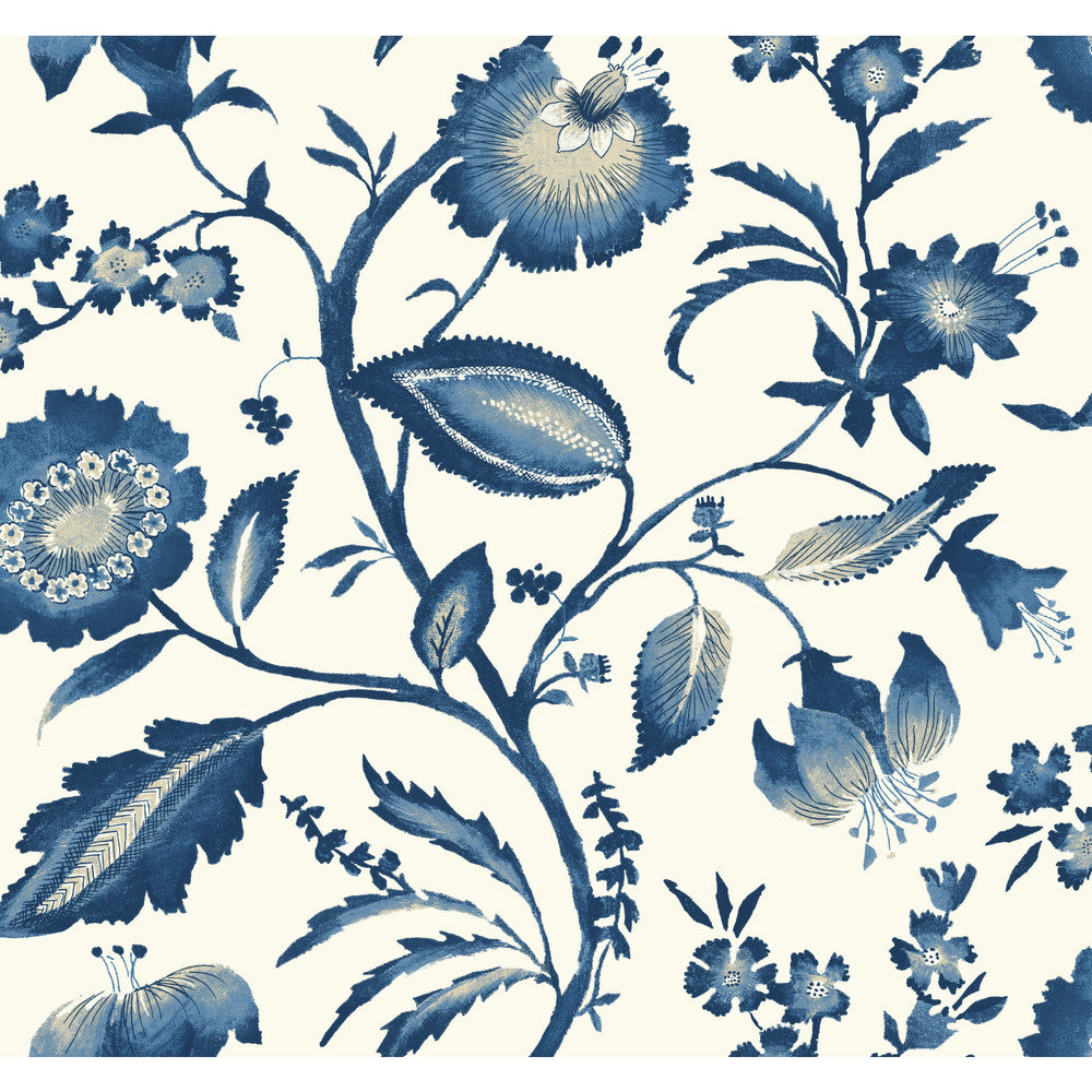 Watercolor Jacobean Blue & White Wallpaper by York Wallcoverings Designer Ashford Tropics Covers about 60.8 square feet 27-in by 27-ft long roll Prepasted 25.25 - Swanky Fabrics -
