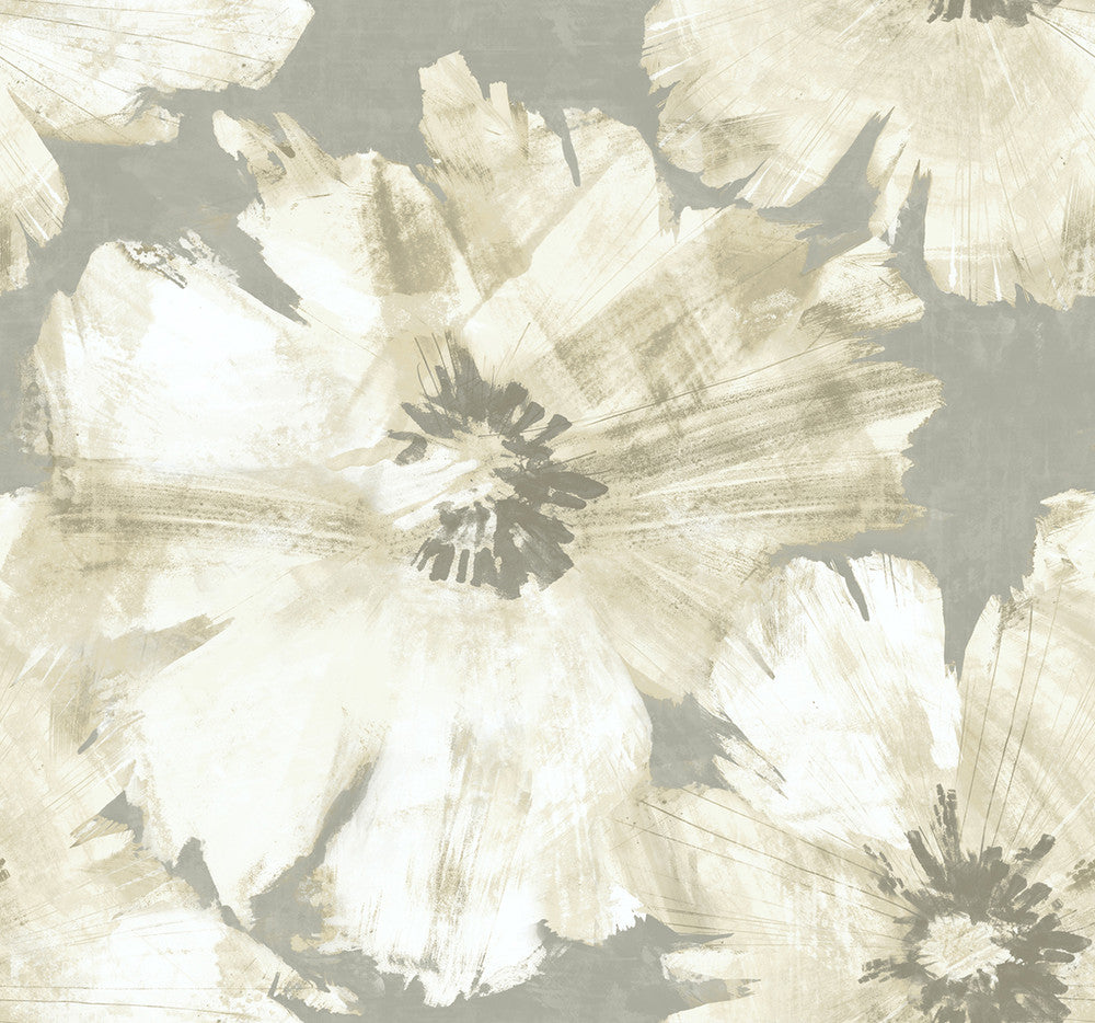 Curie Abstract Floral Metallic Silver and Off-White AV50008 by Seabrook Designs Designer Wallpaper