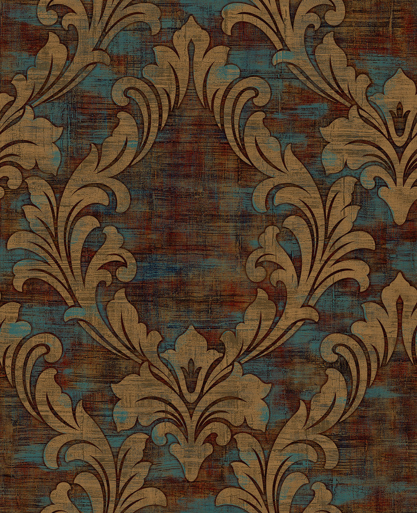 Kepler Damask Metallic Gold and Spruce AV50701 by Seabrook Designs Designer Wallpaper