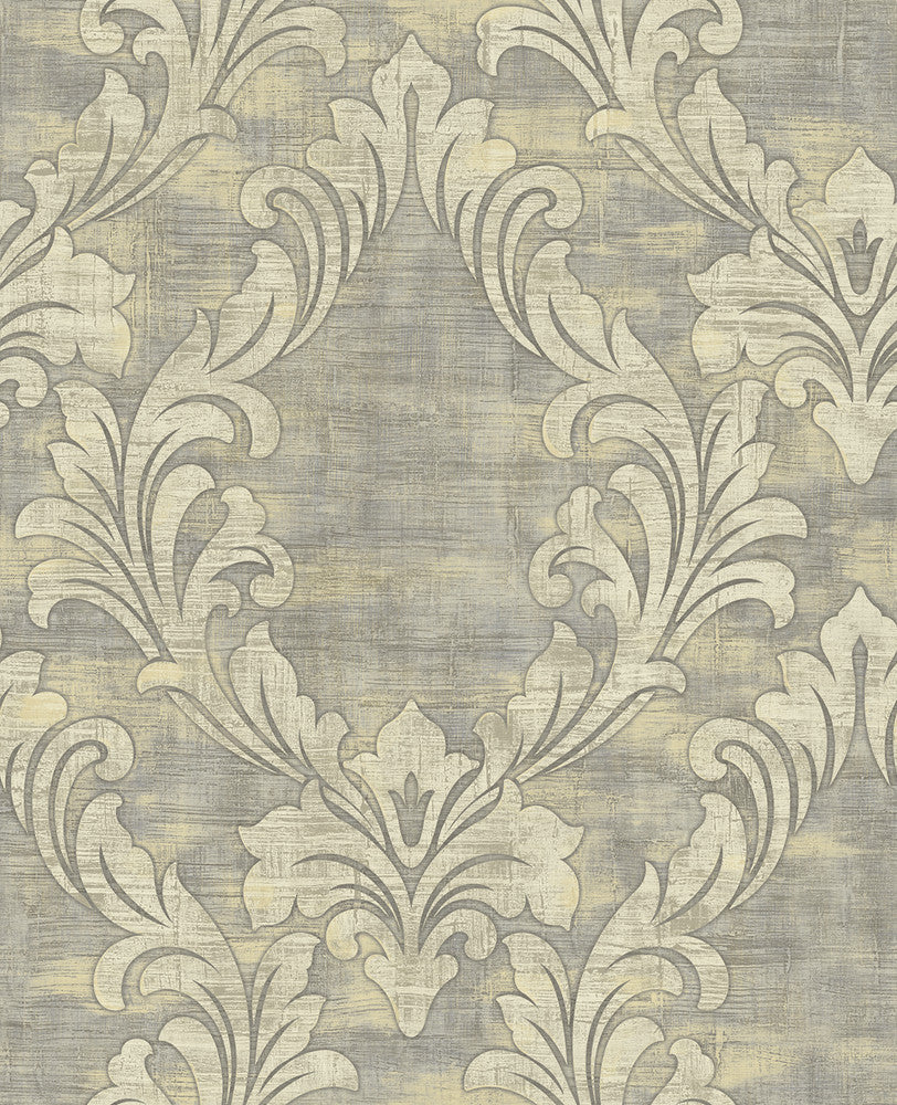 Kepler Damask Metallic Pearl and Gray AV50708 by Seabrook Designs Designer Wallpaper