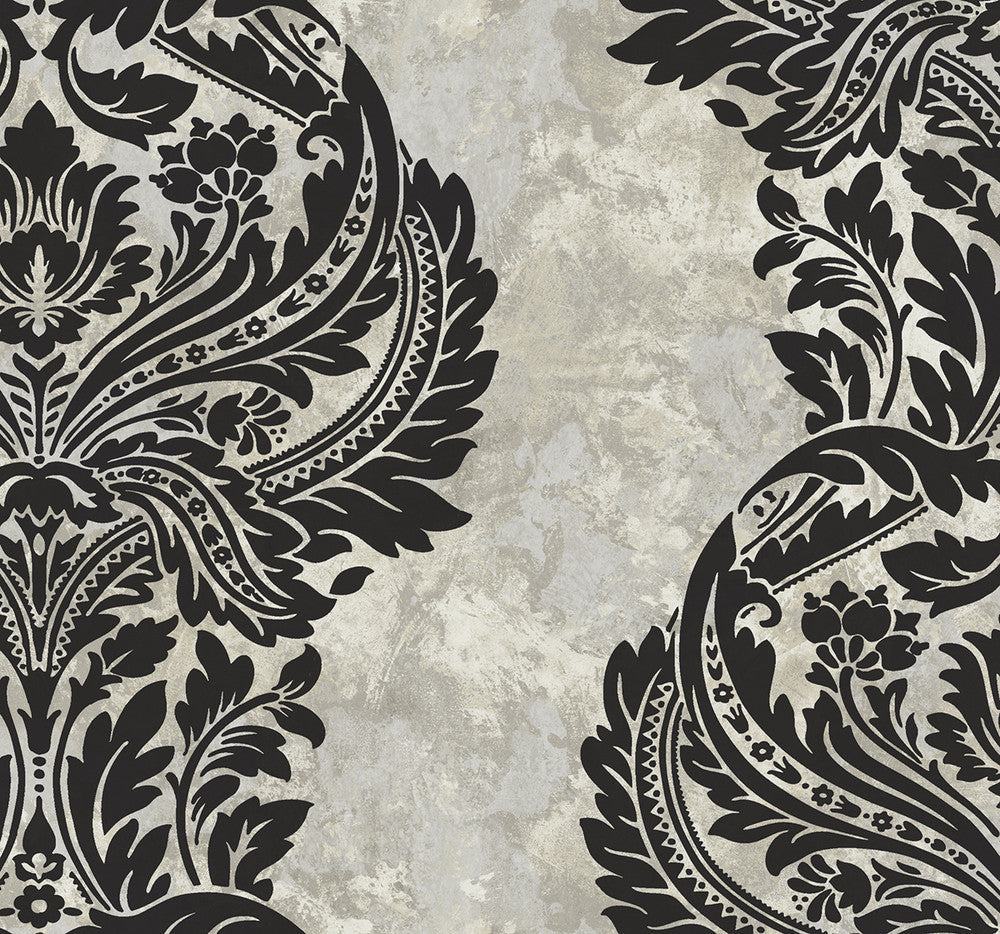 Newton Damask Black and Greige AV51300 by Seabrook Designs Designer Wallpaper