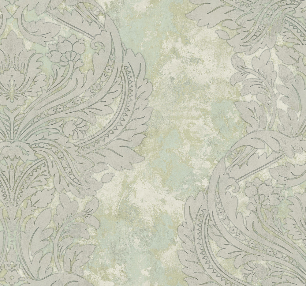 Newton Damask Metallic Gold and Mint AV51304 by Seabrook Designs Designer Wallpaper