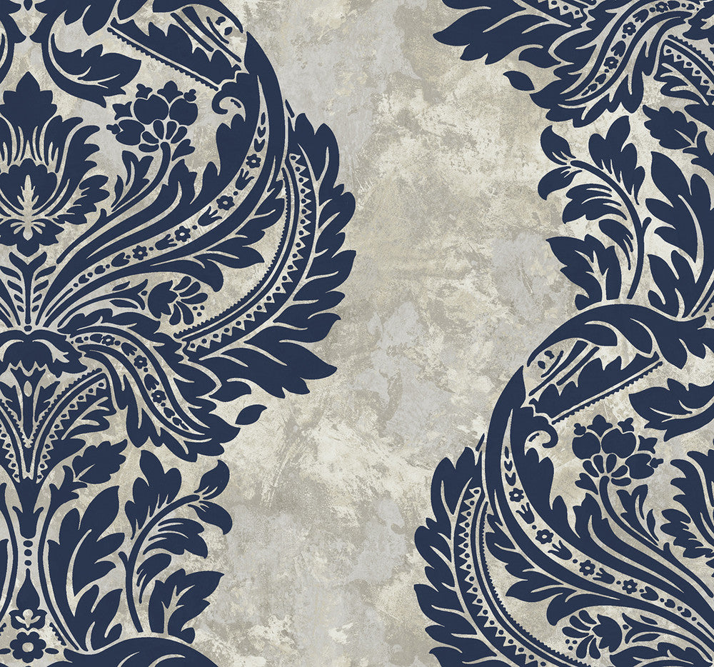 Newton Damask Blue and Grey Damask AV51310 by Seabrook Designs Designer Wallpaper