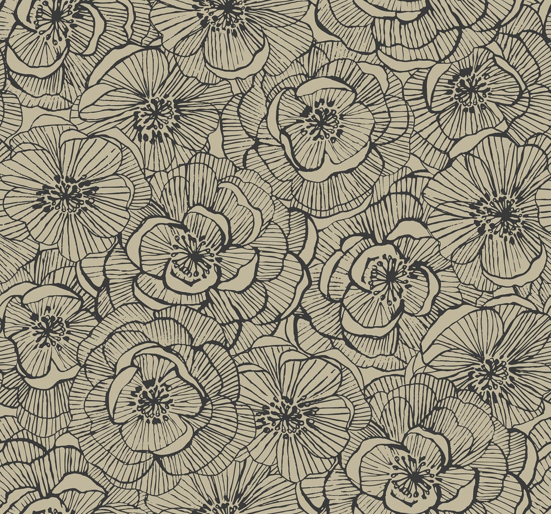 Graphic Floral Gold Glitter and Ebony AW71008 by Seabrook Designs Designer Wallpaper