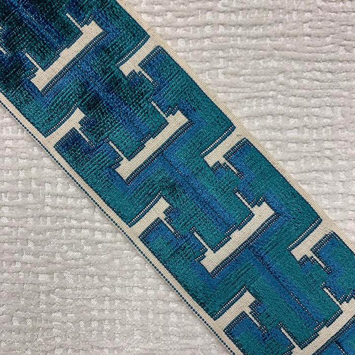 Banks Tape Aqua by Magnolia Designer Trim - 31Poly/58Ray/11Lin China Horizontal: and Vertical: 3.5 - Swanky Fabrics -