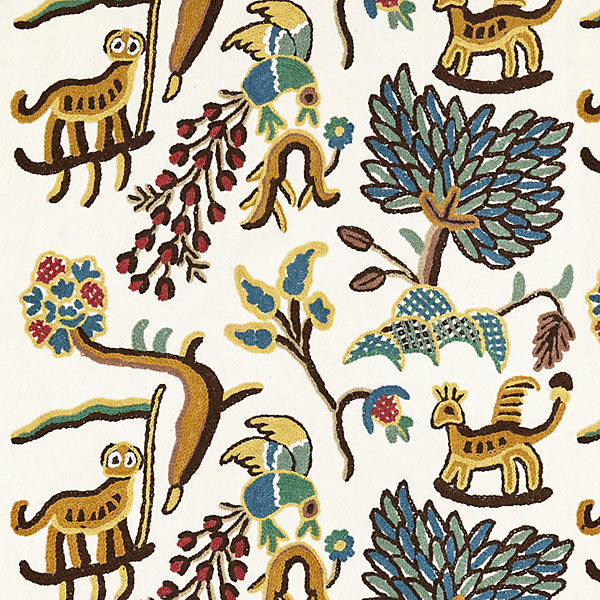 Fables - Jawahar Crewel/Blue / Multi Bh 00010031 by Old World Weavers Designer Fabric                                                                        60% COTTON 40% WOOL INDIA LIGHT DUTY Horizontal: 17" and Vertical: 24.5" 54"  - Swanky Fabrics -