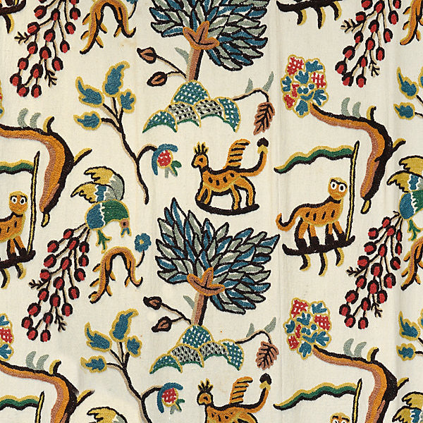 Fables - Jawahar Crewel/Blue/Multi 0031-001 by Old World Weavers Designer Fabric STOCKED AT SCALAMANDRE WAREHOUSE 40% WOOL|60% COTTON INDIA LIGHT DUTY Horizontal: 17.5" and Vertical: 52" - Swanky Fabrics -