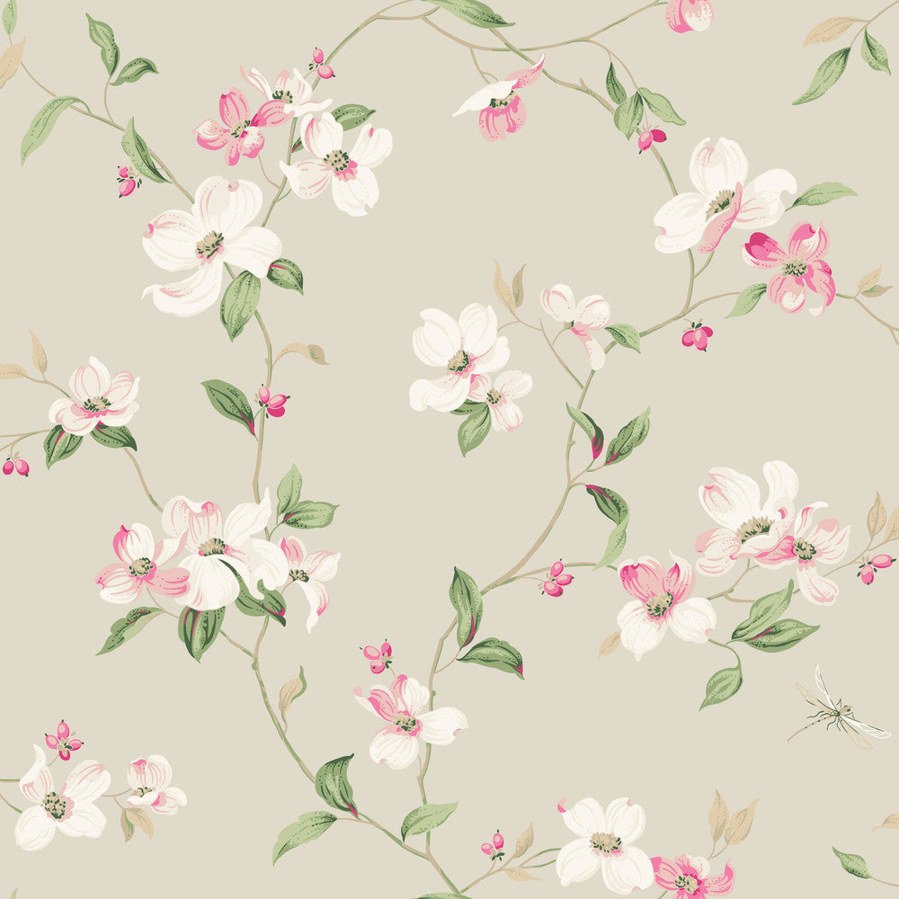 Dogwood Taupe Wallpaper by York Wallcoverings Designer Blooms Covers about 56.4 square feet 20.5-in by 33-ft long roll Unpasted 10.25 - Swanky Fabrics -
