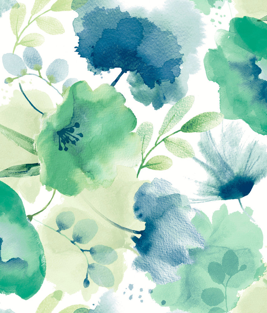 Watercolor Bouquet Blue & Green Wallpaper by York Wallcoverings Designer Blooms Covers about 56.4 square feet 20.5-in by 33-ft long roll Unpasted 24 - Swanky Fabrics -