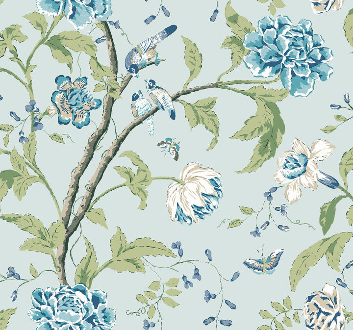 Teahouse Floral Light Blue Wallpaper by York Wallcoverings Designer Blooms Covers about 60.8 square feet 27-in by 27-ft long roll Unpasted 25.25 - Swanky Fabrics -