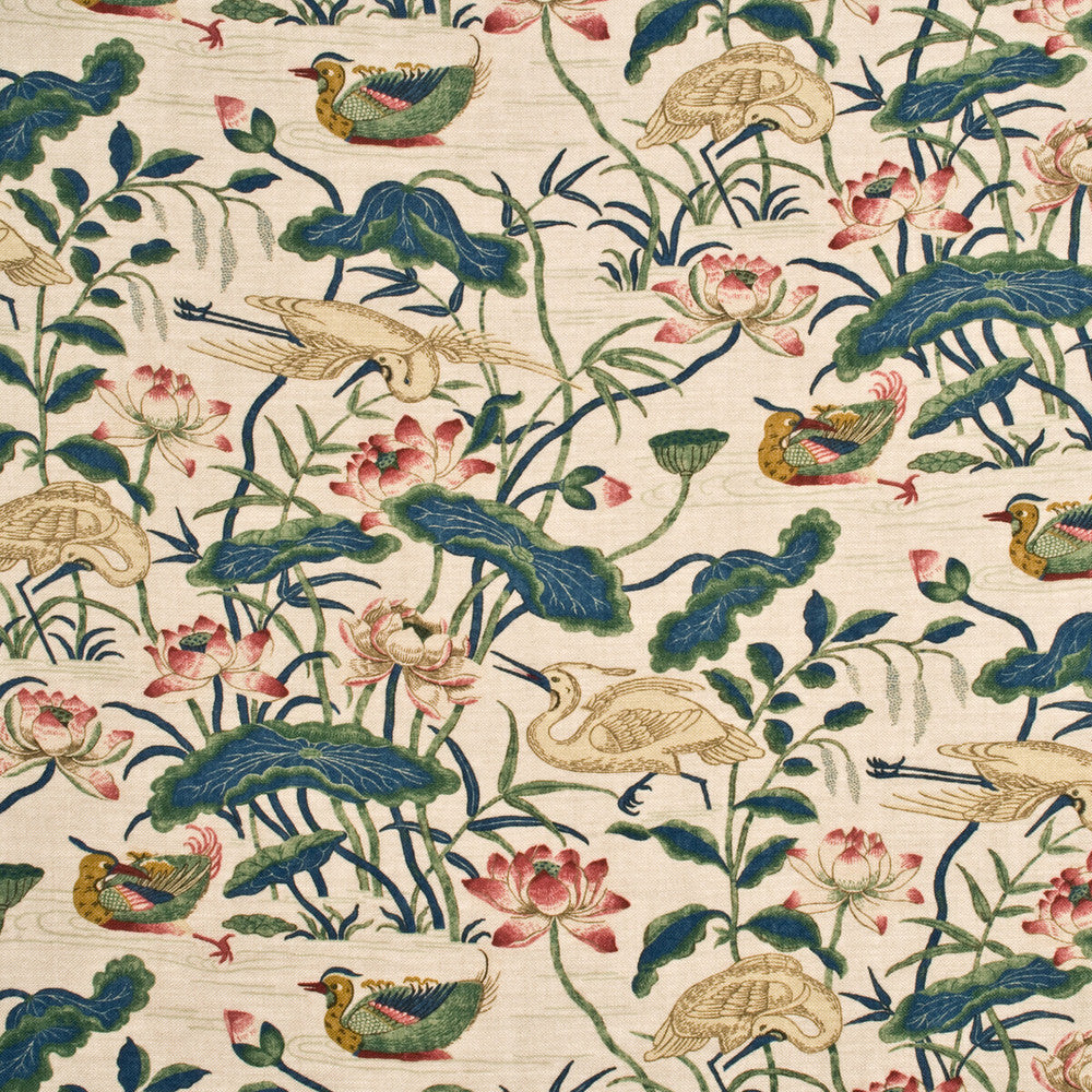 Heron & Lotus Flower Indigo/Pink by G P & J Baker Designer Fabric EMPEROR'S GARDEN LINEN - 100% United Kingdom Horizontal: and Vertical: 36.642 53.978 - Swanky Fabrics -