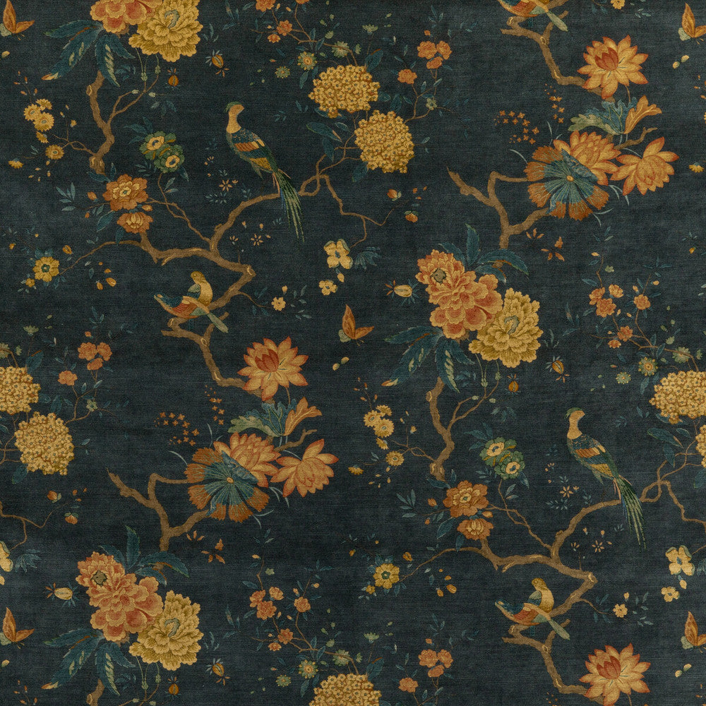 Oriental Bird Velvet Teal by G P & J Baker Designer Fabric SIGNATURE VELVETS VISCOSE - 60%;COTTON - 30%;POLYESTER - 10% Italy Horizontal: 17.9664 and Vertical: 32.308 53.978 - Swanky Fabrics -