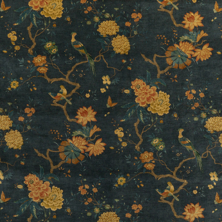 Oriental Bird Velvet Teal by G P & J Baker Designer Fabric SIGNATURE VELVETS VISCOSE - 60%;COTTON - 30%;POLYESTER - 10% Italy Horizontal: 17.9664 and Vertical: 32.308 53.978 - Swanky Fabrics -