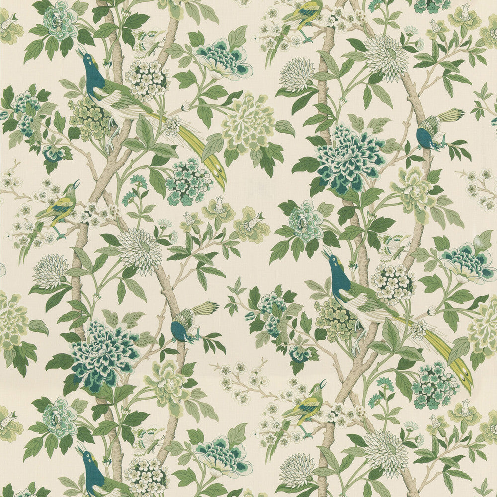 Hydrangea Bird (Archive) Green by G P & J Baker Designer Fabric CHIFU LINEN - 100% Thailand MEDIUM Horizontal: 52.796 and Vertical: 41.764 52.796 - Swanky Fabrics -