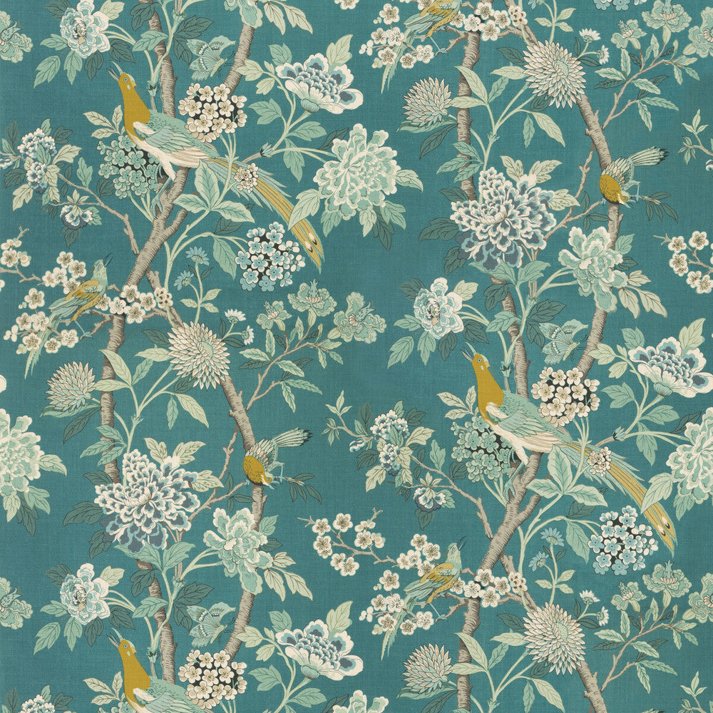 Hydrangea Bird (Archive) Teal by G P & J Baker Designer Fabric CHIFU LINEN - 100% Thailand MEDIUM Horizontal: 52.796 and Vertical: 41.764 52.796 - Swanky Fabrics -