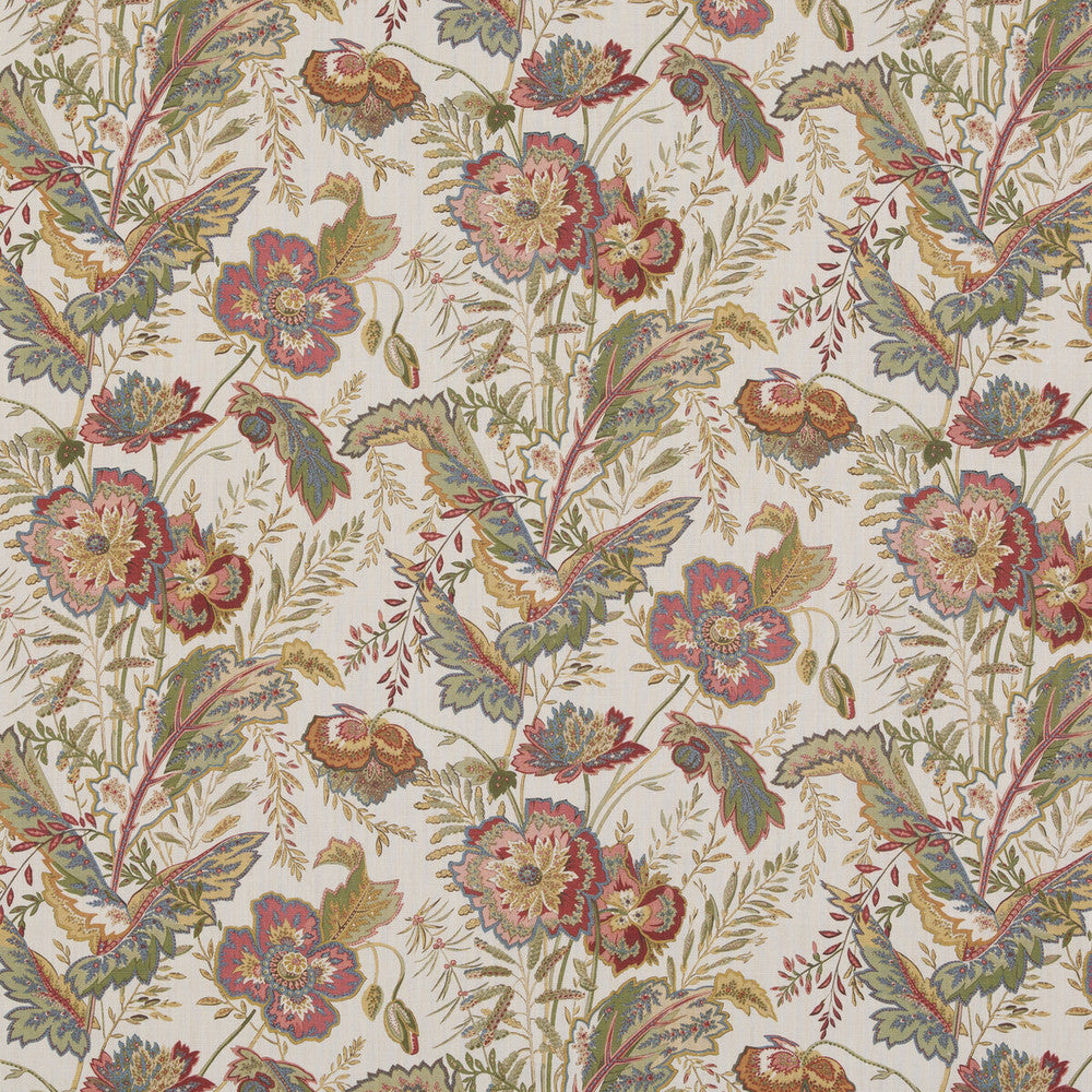 Indienne Flower Emerald/Red by G P & J Baker Designer Fabric CASPIAN LINEN - 100% Thailand Horizontal: 17.336 and Vertical: 26.792 52.402 - Swanky Fabrics -