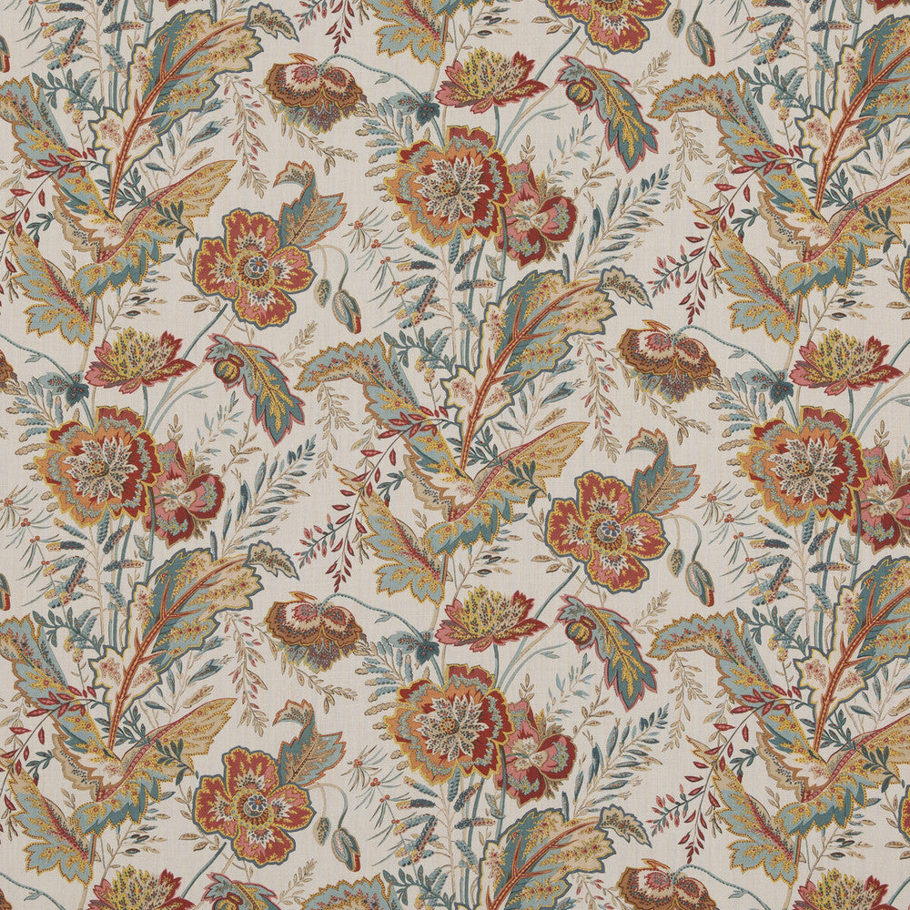 Indienne Flower Red/Teal by G P & J Baker Designer Fabric CASPIAN LINEN - 100% Thailand Horizontal: 17.336 and Vertical: 26.792 52.402 - Swanky Fabrics -
