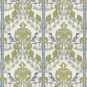 G P & J Baker Fabric Birds & Cherries Green/Blue