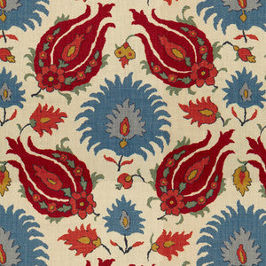 Brunschwig & Fils Fabric Kashmiri Linen Print Pomegranate/Blue