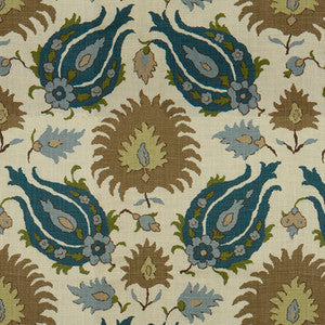 Brunschwig & Fils Fabric Kashmiri Linen Print Teal Blue/Taupe