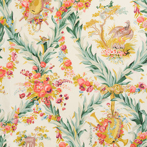 Brunschwig & Fils Fabric Fontainebleau Glazed Chintz Red Green And Gold On Cream