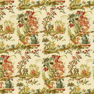 Brunschwig & Fils Fabric Le Lac Linen Print Teal And Melon On Cream