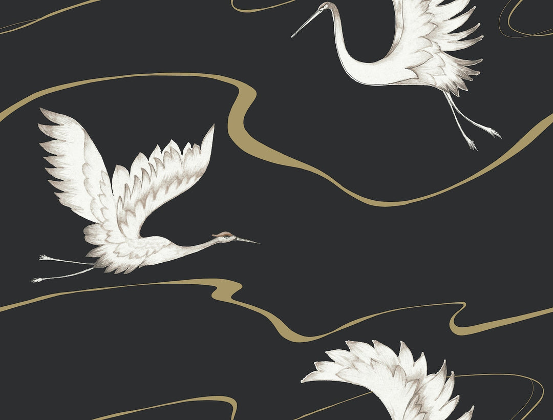 Soaring Cranes Black & Gold Wallpaper by Inspired by Color Designer