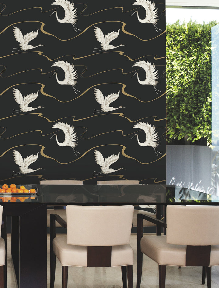 Soaring Cranes Black & Gold Wallpaper by Inspired by Color Designer