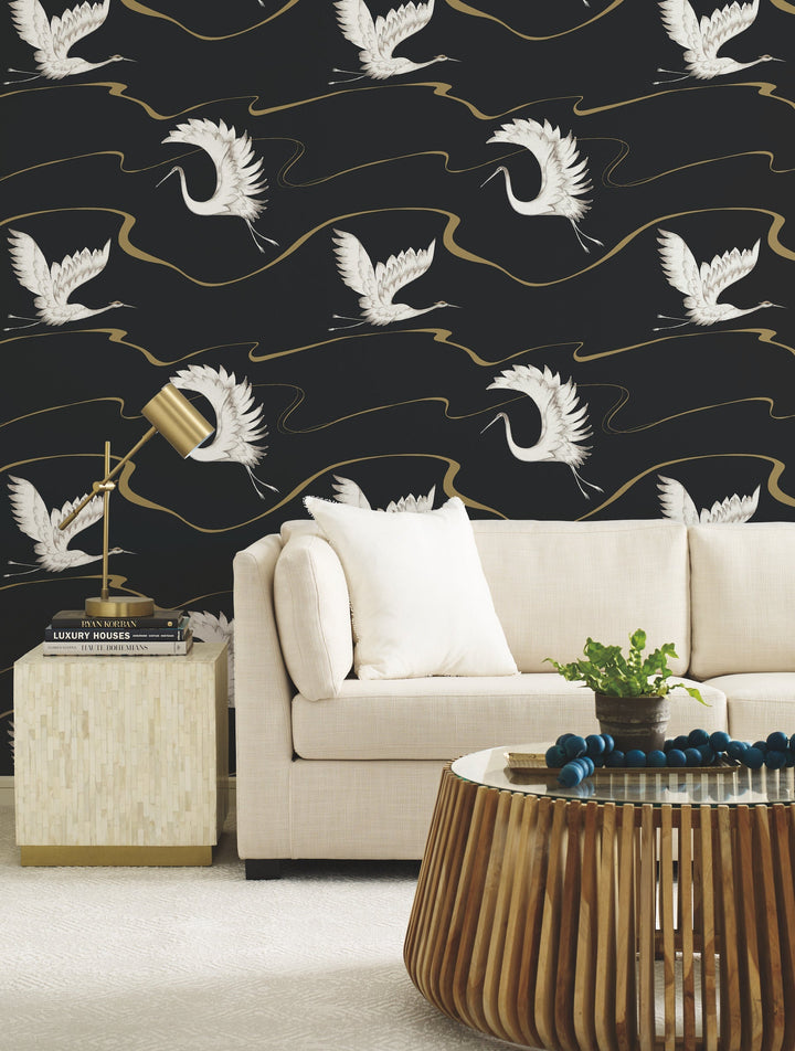 Soaring Cranes Black & Gold Wallpaper by Inspired by Color Designer
