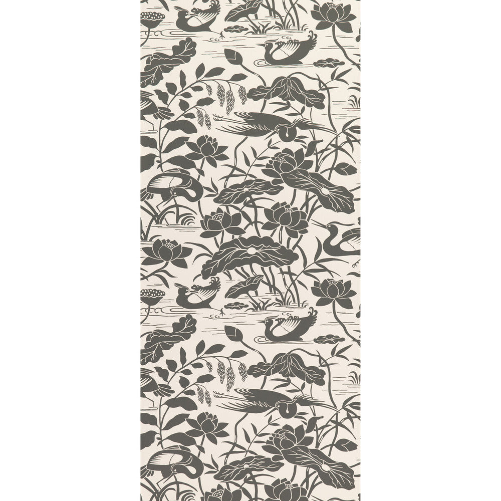 Heron & Lotus Flower Black/White by G P & J Baker Designer Wallcovering SIGNATURE II WALLPAPERS NON WOVEN - 100% United Kingdom Horizontal: 20.488 and Vertical: 25.216 20.488 - Swanky Fabrics -