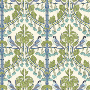 G P & J Baker Wallpaper Birds & Cherries Green/Blue
