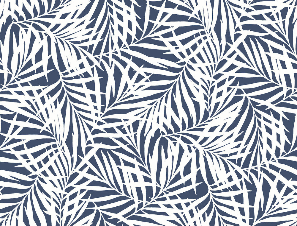 Oahu Fronds Navy & White Wallpaper by York Wallcoverings Designer Water's Edge Resource Library Covers about 60.8 square feet 27-in by 27-ft long roll Prepasted 20.5 - Swanky Fabrics -