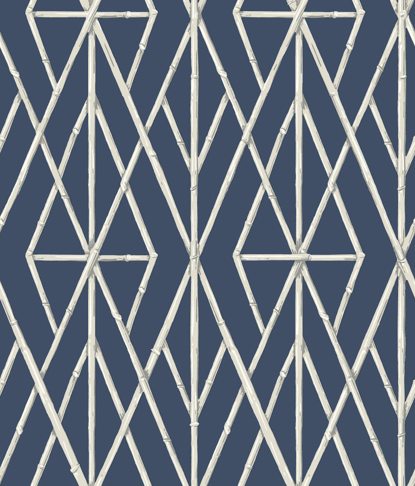 Riviera Bamboo Trellis Navy Wallpaper by York Wallcoverings Designer Water's Edge Resource Library Covers about 56.4 square feet 20.5-in by 33-ft long roll Prepasted 24 - Swanky Fabrics -