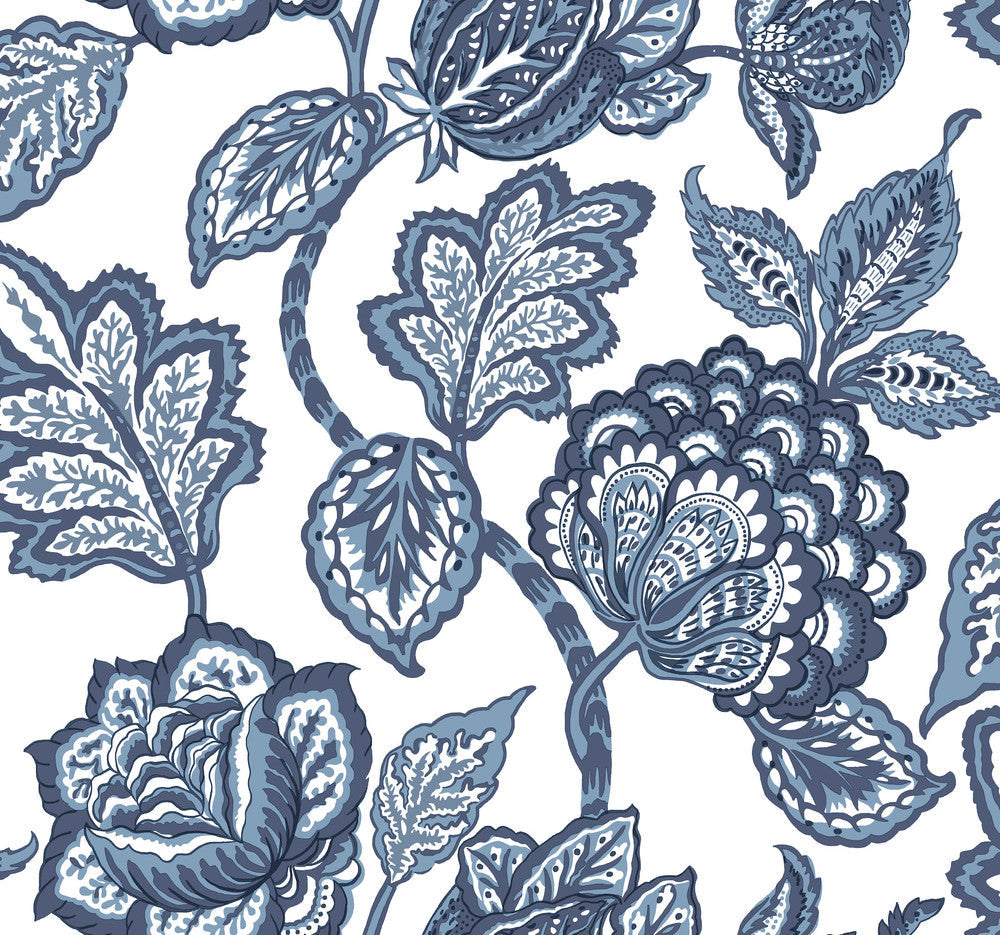 White & Blue Midsummer Jacobean Wallpaper by York Wallcoverings Designer Conservatory Covers about 60.8 square feet 27-in by 27-ft long roll Prepasted 25.25 - Swanky Fabrics -