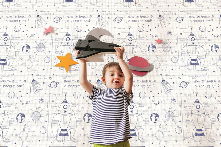 Rocket Ship White and Navy DA60702 by Seabrook Designs Designer Wallpaper