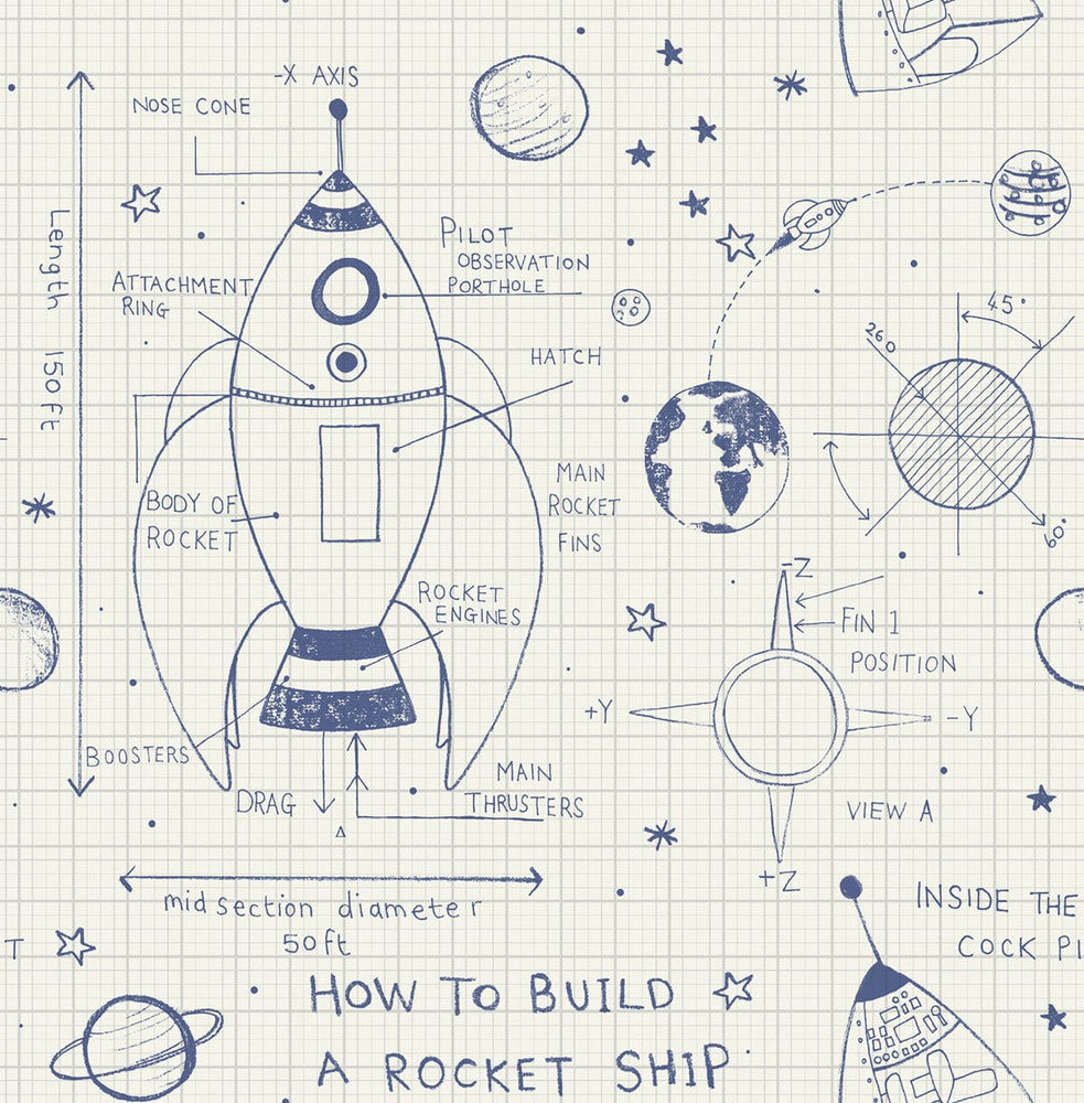Rocket Ship White and Navy DA60702 by Seabrook Designs Designer Wallpaper