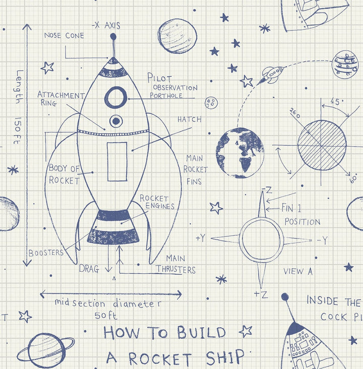 Rocket Ship White and Navy DA60702 by Seabrook Designs Designer Wallpaper