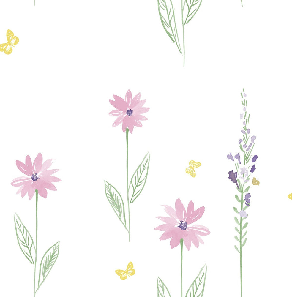 Daisy Field Pink and Green DA62601 by Seabrook Designs Designer Wallpaper