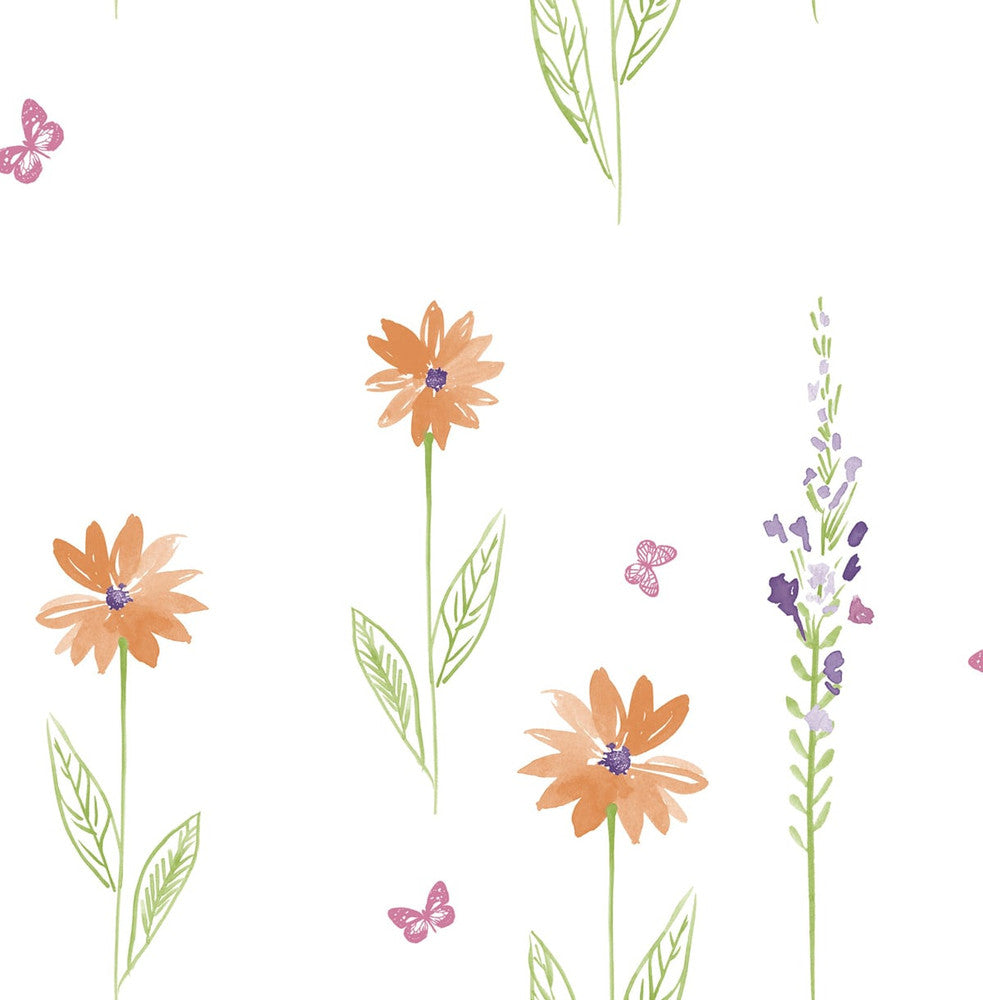 Daisy Field Orange and Lime DA62603 by Seabrook Designs Designer Wallpaper