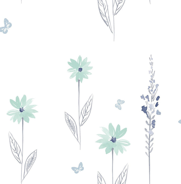 Daisy Field Teal and Gray DA62604 by Seabrook Designs Designer Wallpaper