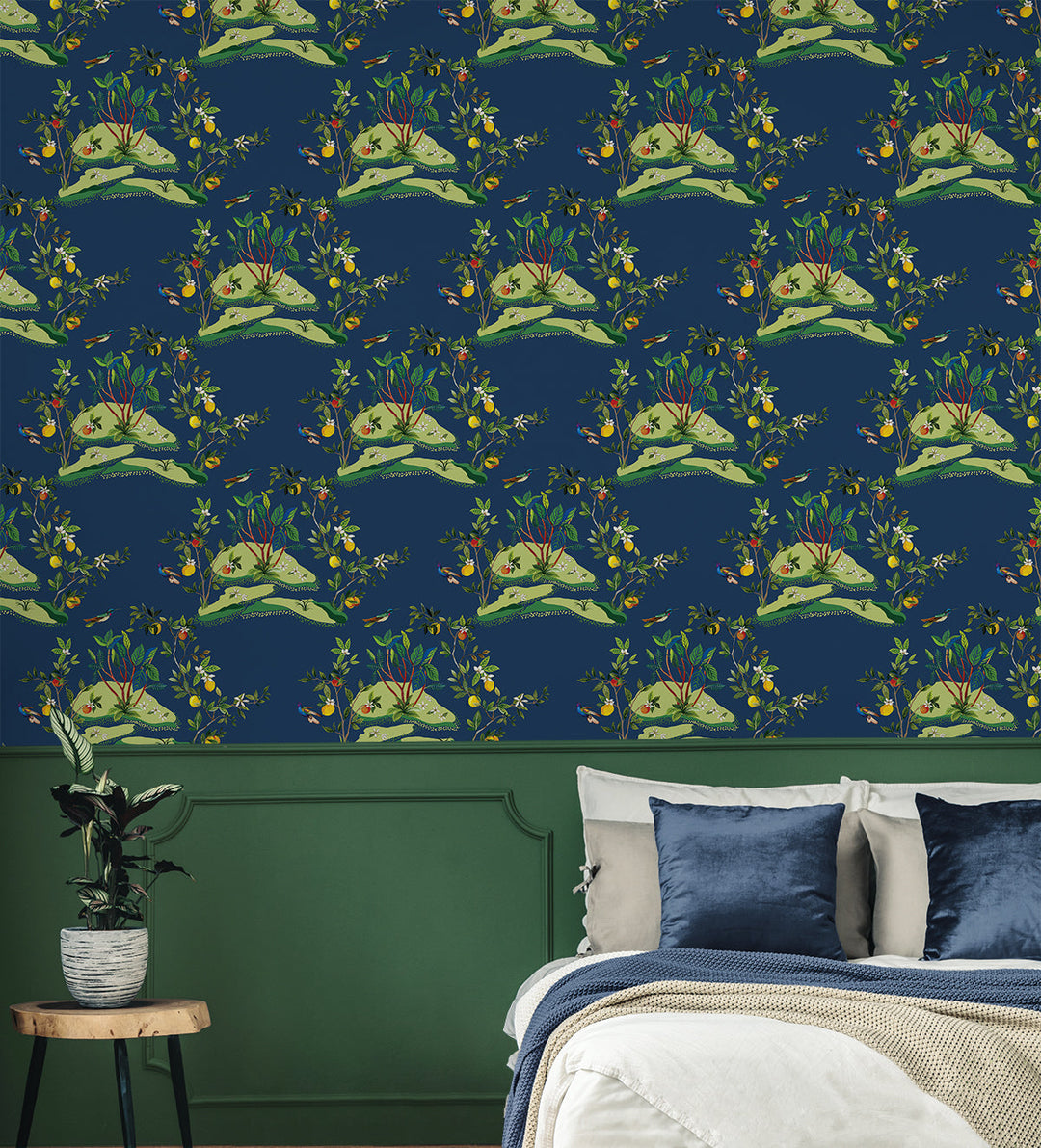 Citrus Hummingbird Navy Blue DBW9002 by Daisy Bennett Designs Designer Wallpaper