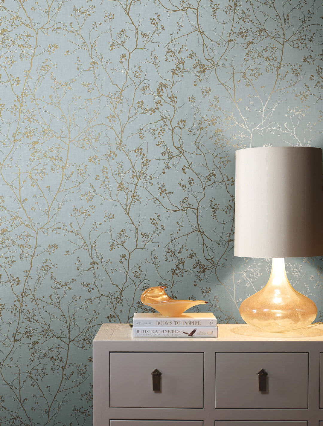 Luminous Branches Blue & Gold Wallpaper by Antonina Vella Designer