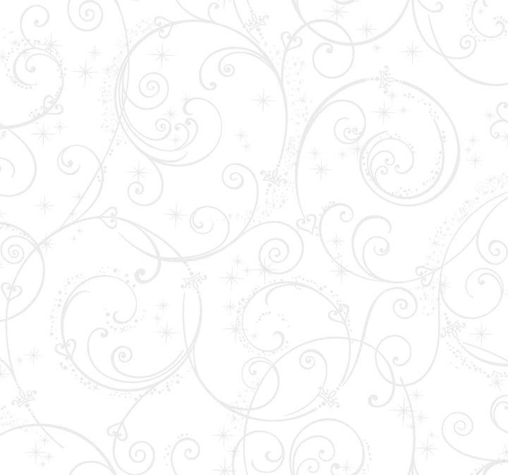 Disney Princess Perfect Scroll White Glitter Wallpaper by York Wallcoverings Designer Disney Kids Vol. 4 Covers about 60.8 square feet 27-in by 27-ft long roll Unpasted 25.25 - Swanky Fabrics -
