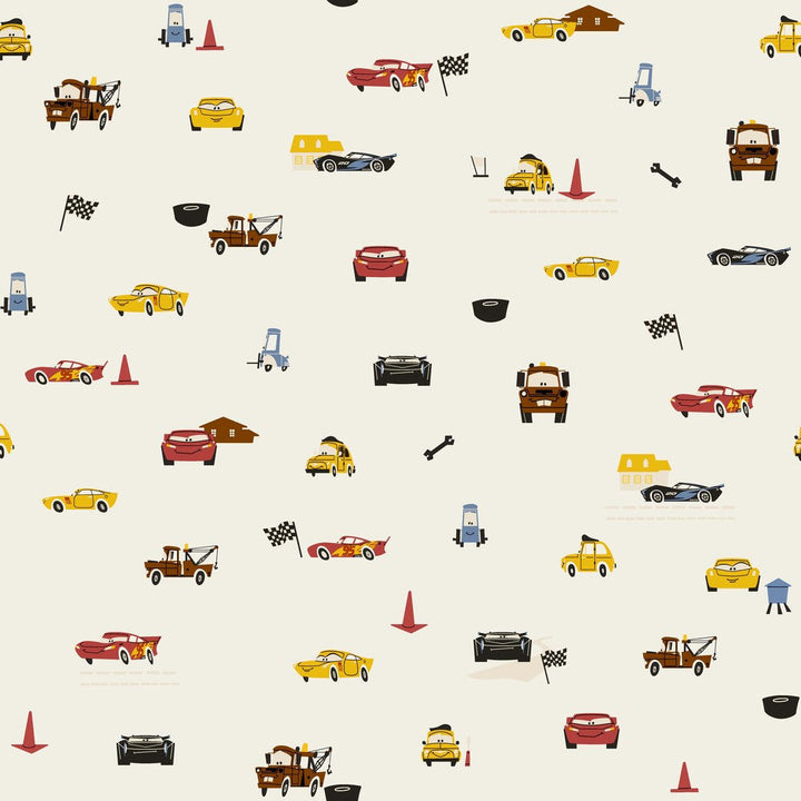 Disney & Pixar Cars Racing Spot Cream Wallpaper by York Wallcoverings Designer Disney Kids Vol. 4 Covers about 56.4 square feet 20.5-in by 33-ft long roll Unpasted 20.5 - Swanky Fabrics -