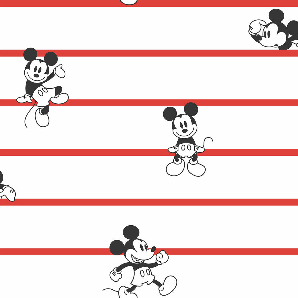 Disney Mickey Mouse Stripe Red Wallpaper by York Wallcoverings Designer Disney Kids Vol. 4 Covers about 56.4 square feet 20.5-in by 33-ft long roll Unpasted 20.5 - Swanky Fabrics -