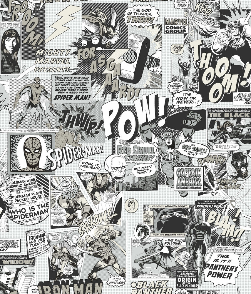 Marvel Comics Pow! Black & White Wallpaper by York Wallcoverings Designer Disney Kids Vol. 4 Covers about 56.4 square feet 20.5-in by 33-ft long roll Unpasted 24 - Swanky Fabrics -