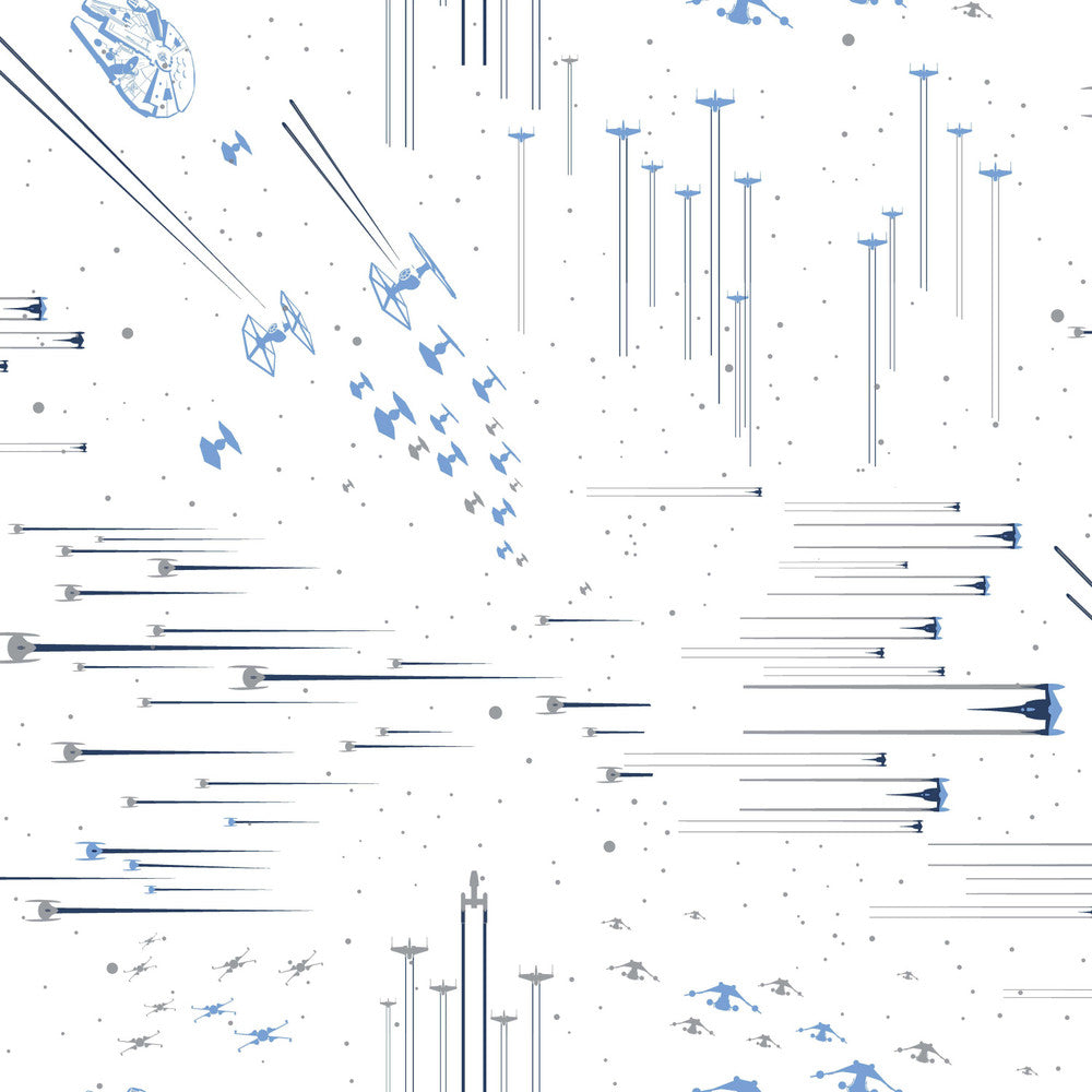Star Wars: Galactic Battles Blue Wallpaper by York Wallcoverings Designer Disney Kids Vol. 4 Covers about 56.4 square feet 20.5-in by 33-ft long roll Unpasted 20.5 - Swanky Fabrics -